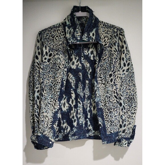 Morgan Cole Womens Distressed Jacket Size L Blue Ivory Animal Print Applique - Picture 7 of 12